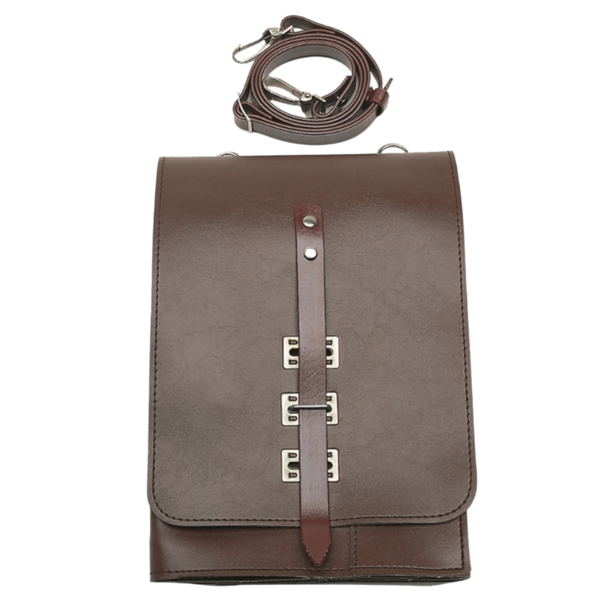 Brown leather bag with strap on a white background