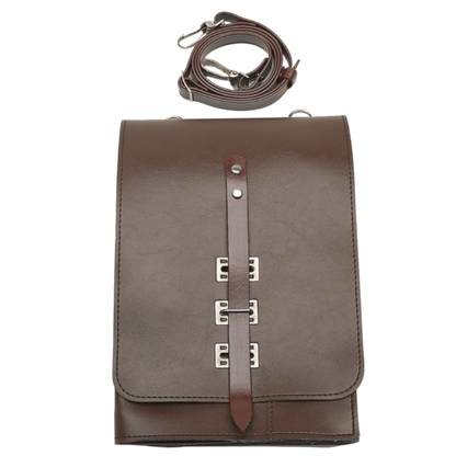 Brown leather bag with strap on a white background